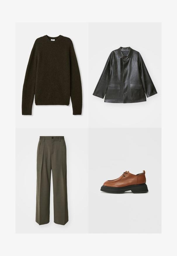 Emporio Armani CABAN - Veste en similicuir - lavagna; Pull en maille vert foncé avec un col rond, des manches longues et des bords côtelés. Fabriqué en tissu doux en mélange de laine texturée.; Filippa K WIDE TROUSERS - Pantalon classique - driftwood; Chaussure en cuir marron avec un bout arrondi, un laçage et une semelle épaisse en couches noires. Remarquable par sa silhouette structurée et sa texture.