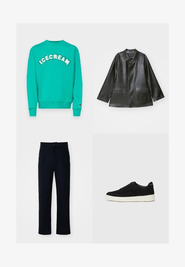 Emporio Armani CABAN - Bunda z umělé kůže - lavagna; Tyrkysová mikina s kulatým výstřihem, na hrudi se nápisem "ICECREAM" v bílé a zelené barvě a na rukávu s grafikou hnědého nanuku.; Námorně modré kalhoty vyrobené ze 100 % bavlny, s rovnými nohavicemi, předním zapínáním na knoflík a klasickým pasem s poutky na pásek.; Černé semišové tenisky s krajkovým designem a kontrastní bílou gumovou podrážkou. Obsahují texturované boční panely a jemné branding na patě.