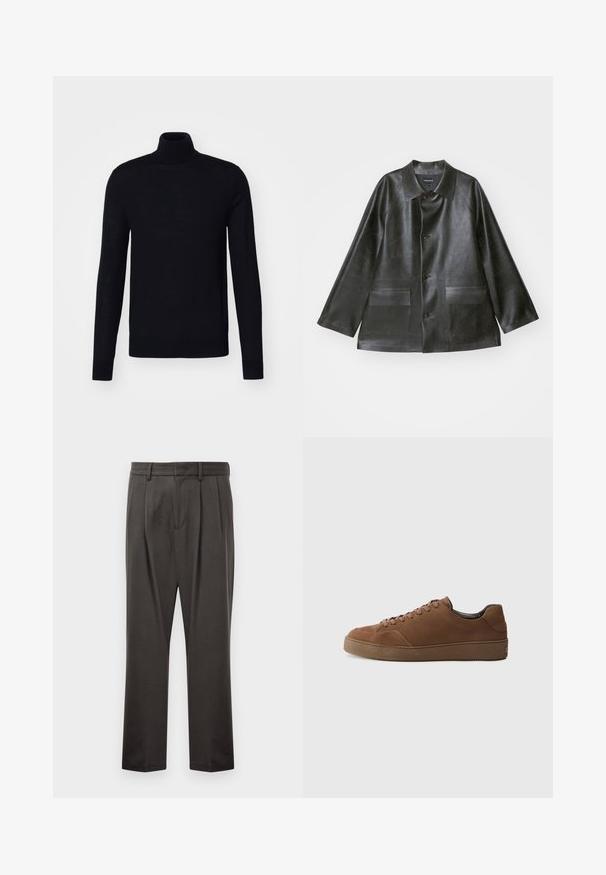 Emporio Armani CABAN - Műbőr dzseki - lavagna; Fekete garbós pulóver, hosszú ujjak, testhez simuló fazon, kötött textúra, puha anyag, nincs látható minta vagy kiegészítő.; Sötét szürke nadrág, textúrált anyagból készült, sima elejű, redőzött, egyenes lábakkal és övhurkokkal. Nincs látható fémalkatrész vagy minta.; Barna velúr sportcipő lekerekített orral, lapos fűzőkkel és texturált gumi talppal. Egyszerű dizájn minimális kiegészítőkkel.