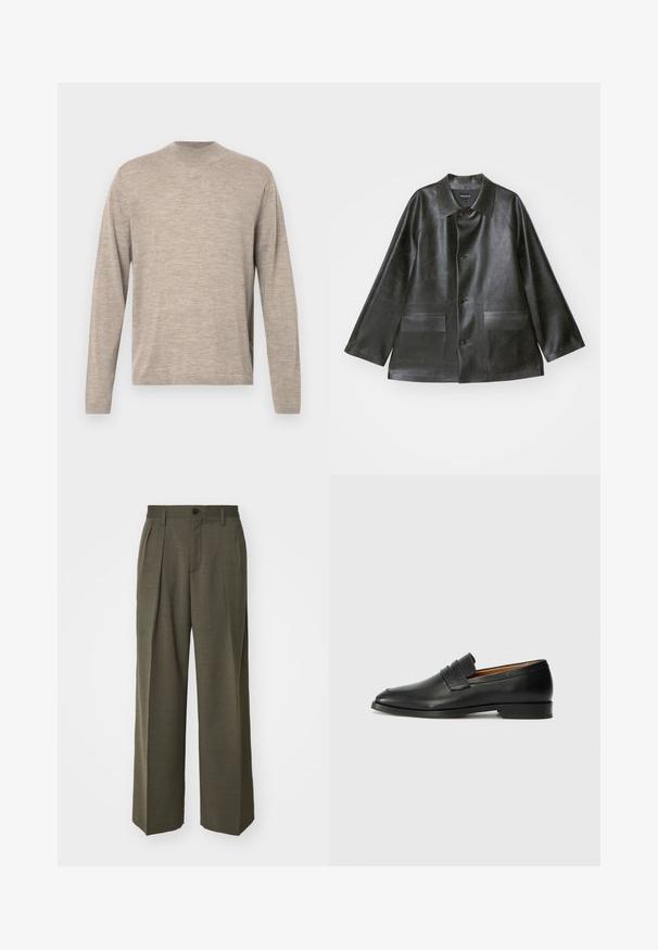 Emporio Armani CABAN - Jachetă din imitație de piele - lavagna; Pulover lung bej deschis cu mâneci lungi, cu decolteu rotund, fabricat dintr-un material moale, având o croială lejeră și o textură subtilă. Fără modele sau accente.; Filippa K WIDE TROUSERS - Pantaloni - driftwood; Lofer din piele neagră, cu vârf rotund, detalii cusute subtile și toc jos, având o textură netedă și un design minimalist.
