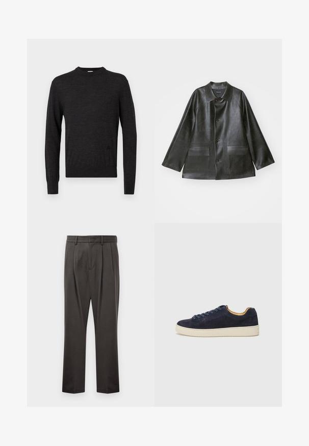Emporio Armani CABAN - Faux leather jacket - lavagna; Black, long-sleeve sweater with a crew neck, made of smooth material, featuring a subtle logo on the side and a fitted silhouette.; Dark gray trousers made from textured fabric, featuring a flat front, pleats, straight legs, and belt loops. No visible hardware or patterns.; Navy suede low-top sneaker with rounded toe, off-white rubber sole, and matching laces; features a contrasting tan interior lining.