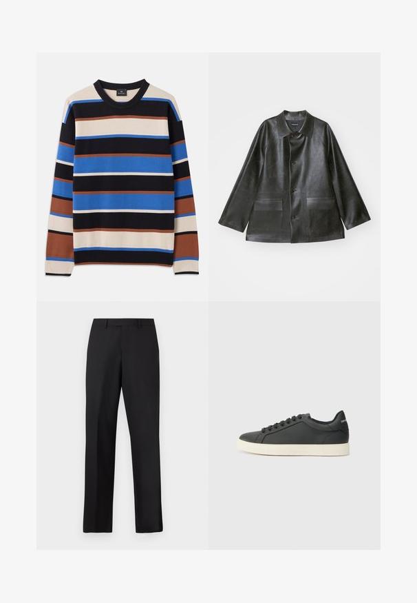 Emporio Armani CABAN - Műbőr dzseki - lavagna; Kötött pulóver vízszintes csíkokkal kék, fekete, bézs és barna színben, bordázott nyakkal és mandzsettákkal. Közepes súlyú textúra.; Fekete, egyenes szárú nadrág sima anyagból. Standard derékpánttal rendelkezik, és nincsenek látható minták vagy díszítések.; Fekete bőr sportcipő alacsony profilú, lekerekített orral és fűzős záródással; texturált gumitalppal és logó részlettel a saroknál.