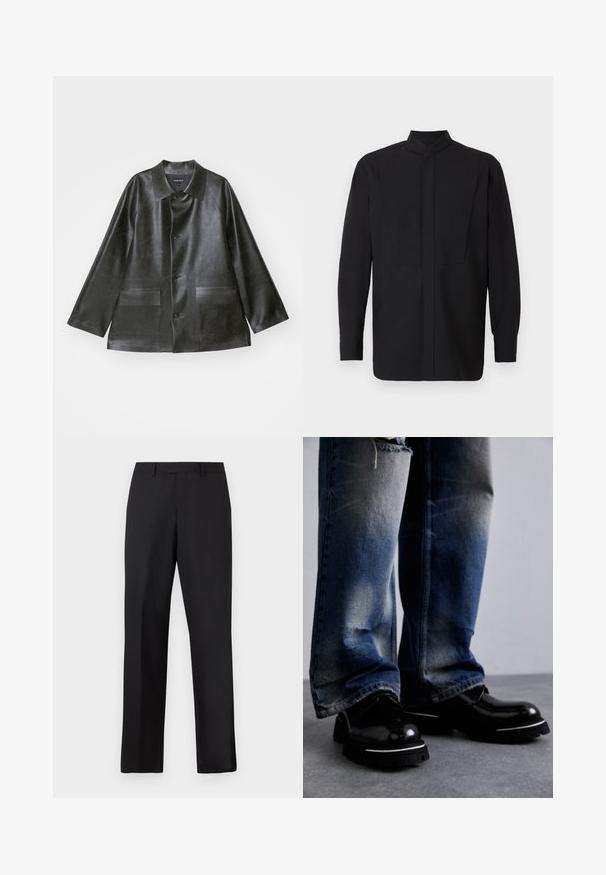 Emporio Armani CABAN - Dirbtinės odos striukė - lavagna; Juoda ilgomis rankovėmis marškinėliai su aukštu apykakle, tiesaus kirpimo ir minimalistinio dizaino. Audinys atrodo lygus ir struktūruotas.; Juodos, tiesios kojų kelnės iš lygaus audinio. Turi standartinę juosmens juostą ir neturi matomų raštų ar akcentų.; Juodi odiniai batai su blizgiu paviršiumi, turintys storą padą ir baltą juostelę. Dėvimi su dėvėtais mėlynais džinsais, rodančiais šviesų blukimą.