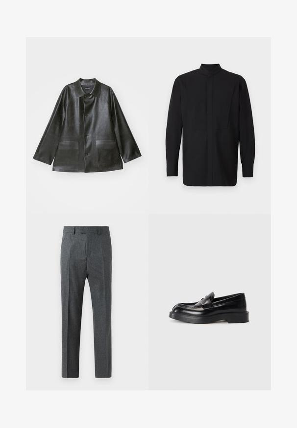 Emporio Armani CABAN - Imitatieleren jas - lavagna; Zwarte lange mouw shirt met een hoge kraag, voorzien van een rechte snit en een minimalistisch ontwerp. De stof lijkt glad en gestructureerd.; Grijze op maat gemaakte broeken met een fijne ruitpatroon, rechte pijpen en een zachte stoftextuur. Voorzien van riemlussen en een rits.; Zwarte leren instappers met een ronde neus, een gestikt ontwerp op de bovenkant en een dikke rubberen zool. Gladde textuur met minimale accenten.