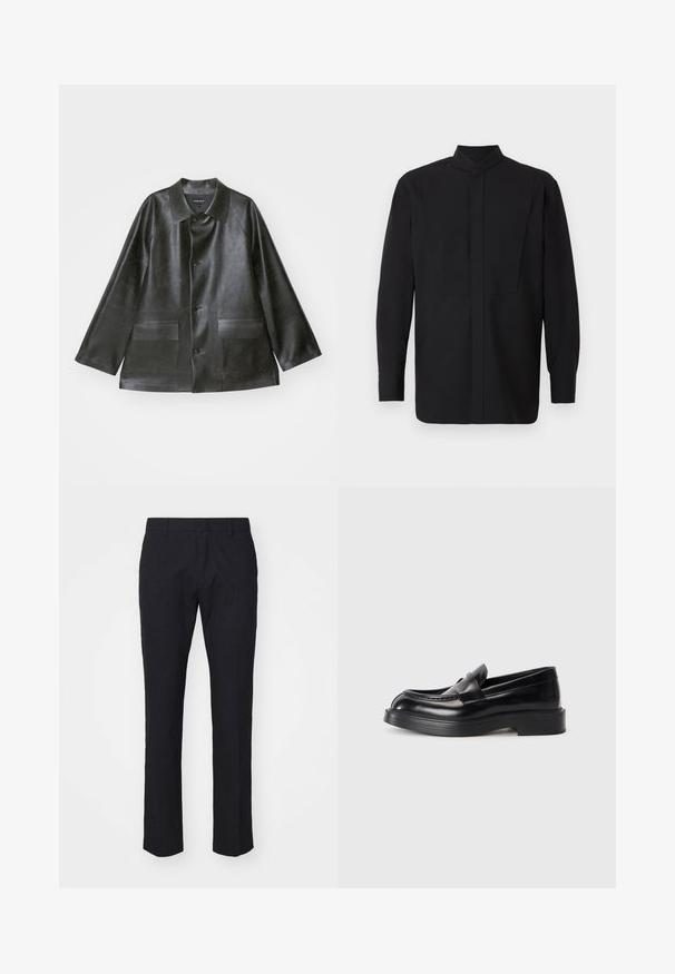 Emporio Armani CABAN - Veste en similicuir - lavagna; Chemise noire à manches longues avec un col montant, présentant une coupe droite et un design minimaliste. Le tissu semble lisse et structuré.; Pantalon bleu marine avec une coupe ajustée, fabriqué en tissu lisse. Il présente un devant plat, des passants de ceinture et des jambes droites avec un ourlet soigné.; Mocassins en cuir noir avec un bout rond, un design cousu sur le dessus et une semelle en caoutchouc épaisse. Texture lisse avec des accents minimaux.