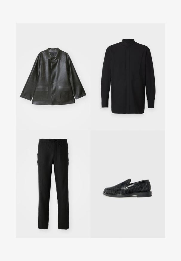 Emporio Armani CABAN - Műbőr dzseki - lavagna; Fekete hosszú ujjú ing magas gallérral, egyenes szabással és minimalista kialakítással. Az anyag simának és strukturáltnak tűnik.; Fekete vászon nadrág rugalmas derékkal és zsinórral. Egyenes szárú kialakítás, sima textúra. Alkalmas hétköznapi viseletre.; Fekete szőtt slip-on cipő sima bőr díszítéssel a felsőrészen, kerek orral és alacsony profilos gumitalppal.