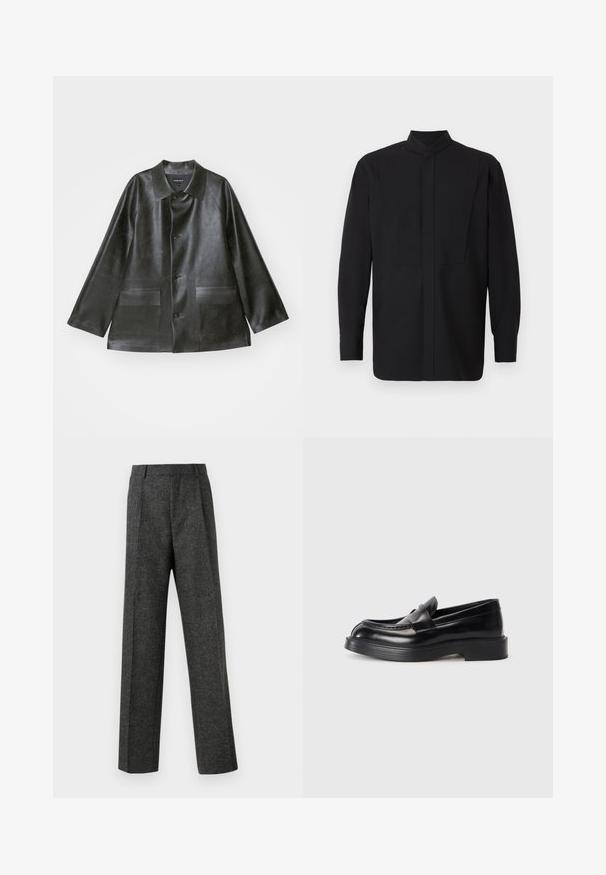 Emporio Armani CABAN - Faux leather jacket - lavagna; Black long-sleeve shirt with a high collar, featuring a straight cut and minimalistic design. The fabric appears smooth and structured.; Gray tailored trousers made of textured fabric, featuring two front pleats and a straight-leg design. No visible pockets or embellishments.; Black leather loafers with a rounded toe, a stitched design on the upper, and a thick rubber sole. Smooth texture with minimal accents.