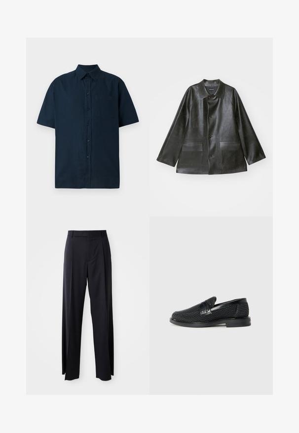 Emporio Armani CABAN - Giacca in similpelle - lavagna; Camicia a maniche corte, con bottoni, di un blu navy scuro, realizzata in cotone testurizzato, con una tasca sul petto e cinque bottoni sul davanti.; Pantaloni neri a vita alta con gamba larga, realizzati in tessuto liscio. Presentano pieghe frontali e passanti per cintura. Design minimalista, senza hardware visibile.; Scarpa nera a mocassino intrecciata con un accentuato in pelle liscia sulla parte superiore, design a punta rotonda e suola in gomma a profilo basso.