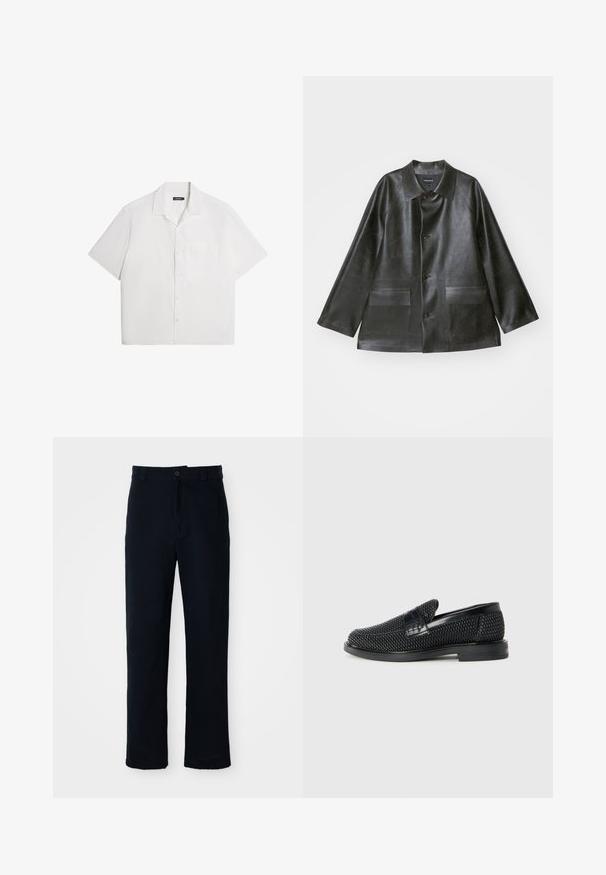 Emporio Armani CABAN - Kunstnahast jakk - lavagna; Lühikeste varrukatega valge särk, pehme tekstuur, nööpidega ees, laiad kraed, ühe rinnataskuga, juhuslik lõtva disainiga. Üksikasjadeta, ilma mustriteta.; Tumed sinelased püksid puuvillast, sirge lõikega, eesnupu sulgemisega ning klassikalise vöökohaga, kus on vööaasad.; Must musta kootud slip-on king, millel on pehme nahast accent ülaserval, ümmargune varvas ja madal profiiliga kummitald.