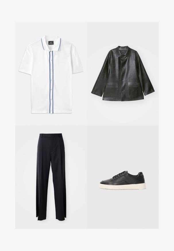 Emporio Armani CABAN - Jachetă din imitație de piele - lavagna; Cămașă polo albă cu un accent albastru pe guler și la butonieră, cu mâneci scurte și un design clasic cu nasturi.; Pantaloni negri, cu talie înaltă și croi evazat, dintr-un material fin. Prezintă pliseuri frontale și buzunare cu curea. Design minimalist, fără accesorii vizibile.; Pantofi sport negri din piele cu finisaj texturat, vârf rotund și talpă plată din cauciuc alb. Dispune de șireturi negre și branding pe toc.