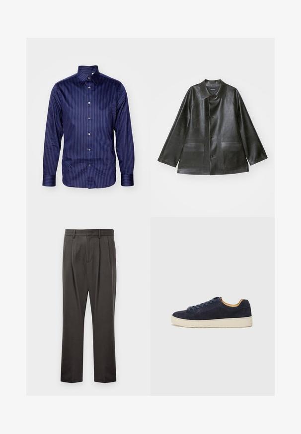 Emporio Armani CABAN - Dirbtinės odos striukė - lavagna; Tamsiai mėlyna ilgomis rankovėmis marškiniai su vertikaliomis šviesiai mėlynomis juostomis. Su klasikine apykakle ir mygtukų užsegimu, pagaminti iš glotnaus audinio.; Tamsiai pilki kelnės, pagamintos iš tekstūruoto audinio, su plokščiu priekiniu pjūviu, klostėmis, tiesiomis kojomis ir diržo kilputėmis. Matomų metalinių detalių ar raštų nėra.; Jūros laivyno zomšiniai žemakulniai sportbačiai su apvaliu nosiu, šviesiai balta guma sole ir atitinkančiomis raištelėmis; turi kontrastingą tan spalvos vidinę pamušalą.