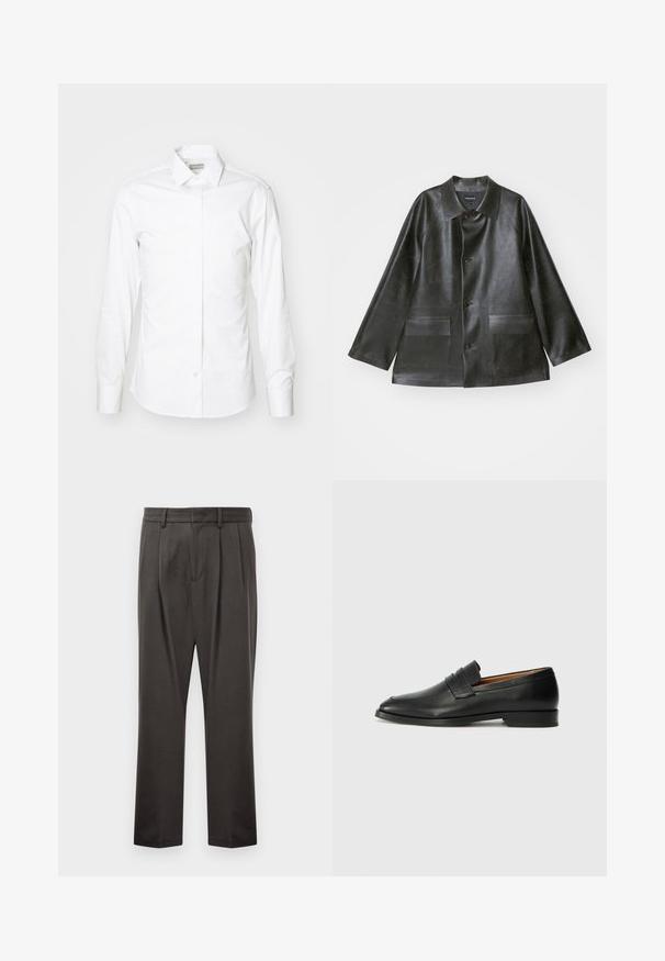 Emporio Armani CABAN - Dirbtinės odos striukė - lavagna; Balta ilgomis rankovėmis marškinėliai, pagaminti iš lygios medžiagos, su įprastu apykaklės dizainu, mygtukų užsegimu ir apvaliu kraštu, pritaikyti prie kūno, be raštų.; Tamsiai pilki kelnės, pagamintos iš tekstūruoto audinio, su plokščiu priekiniu pjūviu, klostėmis, tiesiomis kojomis ir diržo kilputėmis. Matomų metalinių detalių ar raštų nėra.; Juodas odinis loaferis su apvaliu nosiu, subtiliomis siuvimo detalėmis ir žemu kulnu, pasižymintis lygia tekstūra ir minimalistiniu dizainu.