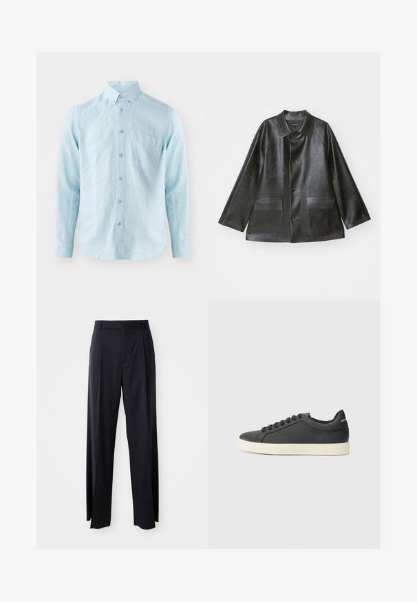 Emporio Armani CABAN - Faux leather jacket - lavagna; Light blue long-sleeve shirt made of textured fabric, featuring a button-down collar, front buttons, and a single chest pocket.; Black, high-waisted trousers with a wide-leg cut, made of smooth fabric. Features front pleats and belt loops. Minimalistic design, no visible hardware.; Black leather sneaker with a low profile, rounded toe, and lace-up closure; features a textured rubber sole and logo detail on the heel.