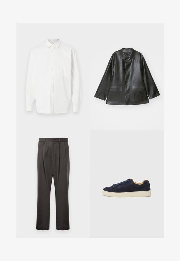 Emporio Armani CABAN - Kunstnahast jakk - lavagna; Valge nööpidega särk, millel on rinnatasku, kraega kaelus, pikad varrukad ja sile kangastruktuur. Lihtne ja klassikaline disain.; Tumedashallased püksid, mis on valmistatud tekstuuriga kangast, lame esiosa, voldid, sirged jalad ja vöökohastab. Pole nähtavat riistvara ega mustreid.; Tumesinine sametist madal sneaker ümarate varvastega, off-white kummipõhi ja harmoneeruvad lingid; omaduseks kontrastne pruun sisemus.