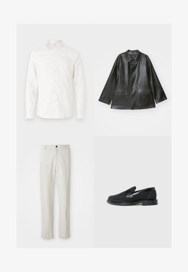 Emporio Armani CABAN - Műbőr dzseki - lavagna; Tiger of Sweden FILBRODIE - Ing - soft beige; Bézs egyenes szárú nadrág övlyukkal, elülső gombbal és cipzárral, síkban egy fehér háttéren elhelyezve.; Fekete szőtt slip-on cipő sima bőr díszítéssel a felsőrészen, kerek orral és alacsony profilos gumitalppal.