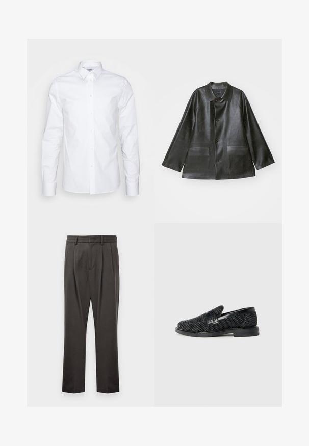 Emporio Armani CABAN - Dirbtinės odos striukė - lavagna; Balta ilga rankovė su apykakle, mygtukų užsegimas priekyje ir lygus medvilnės audinys. Savybė - mygtukai ant manžetų ir pritaikytas siluetas.; Tamsiai pilki kelnės, pagamintos iš tekstūruoto audinio, su plokščiu priekiniu pjūviu, klostėmis, tiesiomis kojomis ir diržo kilputėmis. Matomų metalinių detalių ar raštų nėra.; Juodas pintas slip-on tipo batelis su lygiu odiniu akcentu viršuje, apvalios nosies dizainas ir žemas guminis padas.