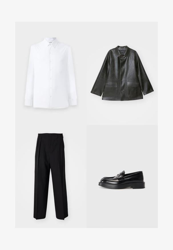 Emporio Armani - Kurtka ze skóry ekologicznej; Biała koszula z długim rękawem, wykonana z gładkiego materiału, z klasycznym kołnierzykiem, z przodem na guziki oraz dopasowanym krojem. Bez widocznych wzorów.; Czarne plisowane spodnie o prostym, szerokim kroju nogawek. Wykonane z gładkiego materiału, z zapięciem na guzik i pętelkami na pasek.; Czarne skórzane mokasyny z zaokrąglonym noskiem, przeszywaną konstrukcją na cholewce oraz grubą gumową podeszwą. Gładka tekstura z minimalnymi akcentami.