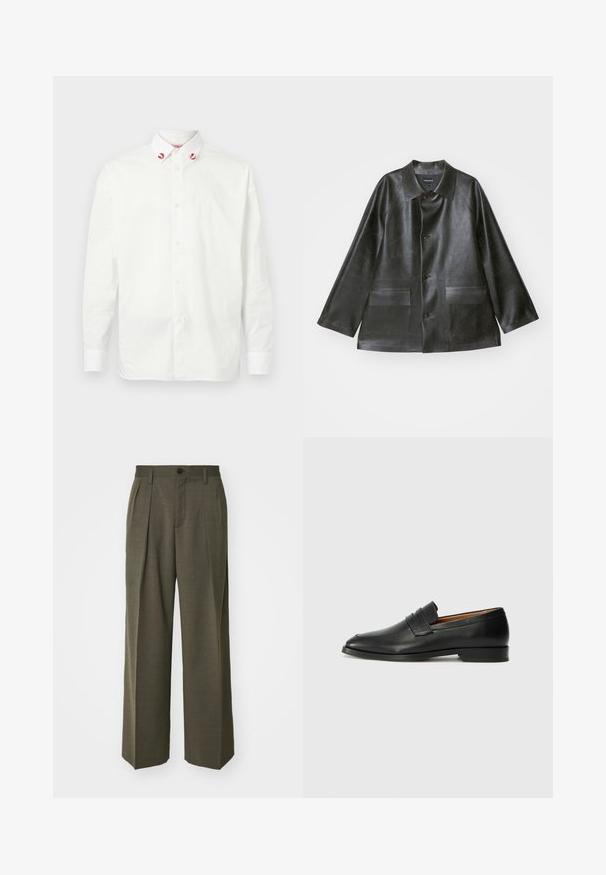 Emporio Armani CABAN - Faux leather jacket - lavagna; White button-up shirt made of cotton with a classic collar. Features red accents on collar tips and a simple design. Plain texture.; Filippa K WIDE TROUSERS - Trousers - driftwood; Black leather loafer with a rounded toe, subtle stitched detailing, and a low heel, featuring a smooth texture and minimalist design.