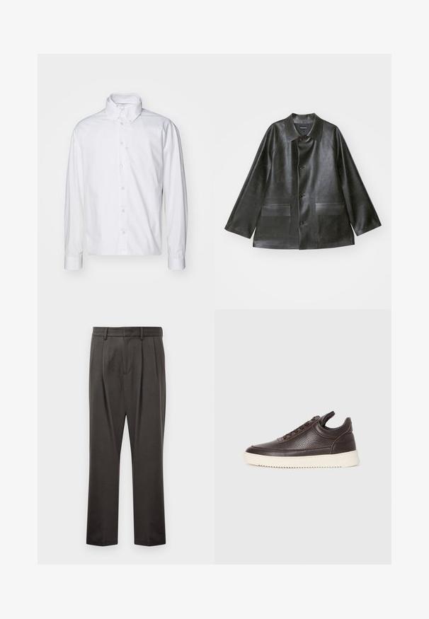 Emporio Armani CABAN - Imiteret læderjakke - lavagna; Hvid langærmet skjorte med knapper lavet af bomuld. Den har en klassisk krave, frontlukning med knapper og opkrøllede manchetter med en glat tekstur.; Mørkegrå bukser lavet af struktureret stof, med flad front, plisseringer, lige ben og bæltestropper. Ingen synlig hardware eller mønstre.; Mørkebrun struktureret læder sneaker med snøring og hvid rillede gummisål på en lys ensfarvet baggrund.