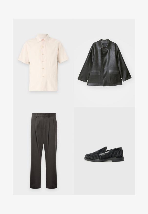 Emporio Armani CABAN - Műbőr dzseki - lavagna; Rövid ujjú ing világos bézs színben, texturált anyagból készült, klasszikus gallérral és hat világos gombbal.; Sötét szürke nadrág, textúrált anyagból készült, sima elejű, redőzött, egyenes lábakkal és övhurkokkal. Nincs látható fémalkatrész vagy minta.; Fekete szőtt slip-on cipő sima bőr díszítéssel a felsőrészen, kerek orral és alacsony profilos gumitalppal.