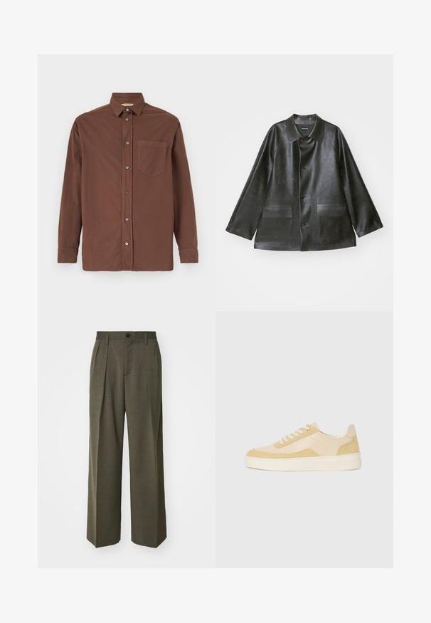 Emporio Armani CABAN - Dirbtinės odos striukė - lavagna; Ruda marškiniai su apykakle, ilgomis rankovėmis, vienu krūtinės kišeniu ir pilkais mygtukais, pagaminti iš tekstūruotos medžiagos.; Filippa K WIDE TROUSERS - Kelnės - driftwood; Šviesiai geltoni zomšiniai ir odiniai sportbačiai, turintys paminkštintą pado ir siuvinėtus akcentus. Klasikinis raištelių modelis su apvaliu pirštu.