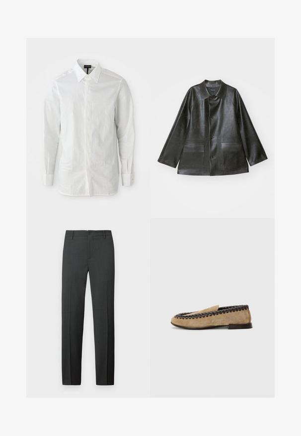 Emporio Armani CABAN - Bunda z nepravej kože - lavagna; Biela dlhá košeľa s dlhým rukávom vyrobená z ľahkého materiálu, so štruktúrovaným golierom, prednou gombíkovou légou a jemným textúrnym vzorom na látke.; Prispôsobené tmavosivé nohavice vyrobené z hladkej tkaniny. Majú zapínanie na gombík, púzdra na opasok a rovné nohavice pre klasický strih.; The Antipode Našuchovačky - taupe