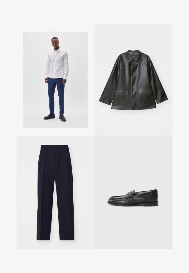 Emporio Armani - Kurtka ze skóry ekologicznej; Biała koszula z kołnierzykiem i zapięciem na guziki, zestawiona z niebieskimi spodniami. Model nosi czarne lordski. Gładki materiał i dopasowany krój.; Granatowe, dopasowane spodnie o prostym kroju, z zaszewkami z przodu, z zapięciem na guzik i bez widocznych kieszeni. Gładka faktura materiału.; Czarne skórzane mokasyny o gładkim wykończeniu, zaokrąglonym nosku, dekoracyjnym pasku i minimalistycznym designie. Posiadają niską, kwadratową piętę.