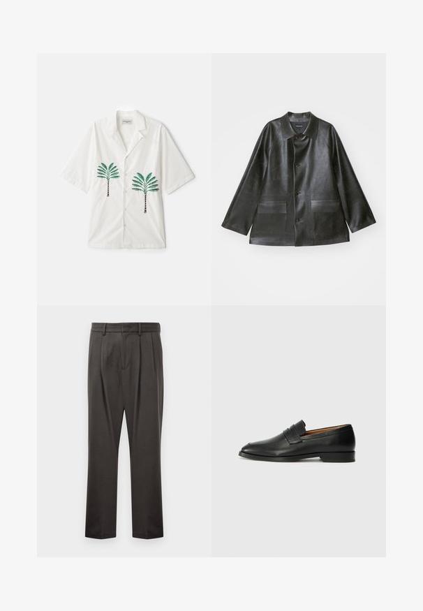 Emporio Armani CABAN - Kunstlederjacke - lavagna; OFFICINE GENERALE LUIS PALMTREE EMBROIDE - Hemd - ecru; Dunkelgraue Hose aus strukturiertem Stoff, mit flachem Bund, Falten, geraden Beinen und Gürtelschlaufen. Keine sichtbaren Beschläge oder Muster.; Schwarze Leder-Slipper mit runder Zehenform, dezenten gestickten Details und niedrigem Absatz, ausgestattet mit glatter Textur und minimalistischem Design.