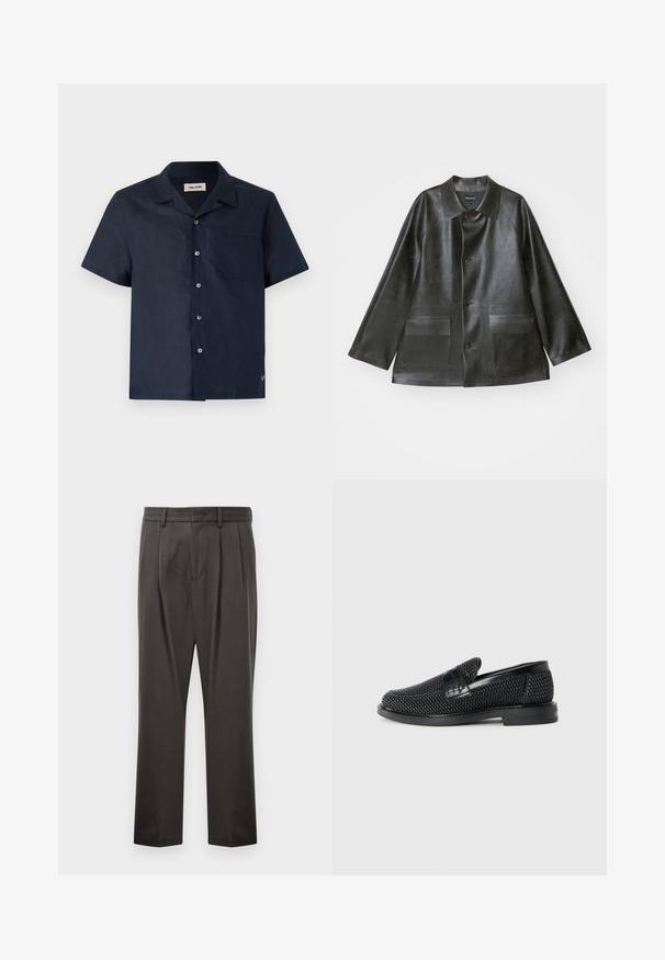 Emporio Armani CABAN - Faux leather jacket - lavagna; Short-sleeve shirt in dark navy fabric, featuring a collar, six button closures, a chest pocket, and a small logo detail at the hem.; Dark gray trousers made from textured fabric, featuring a flat front, pleats, straight legs, and belt loops. No visible hardware or patterns.; Black woven slip-on shoe with a smooth leather accent on the upper, a round toe design, and a low-profile rubber sole.