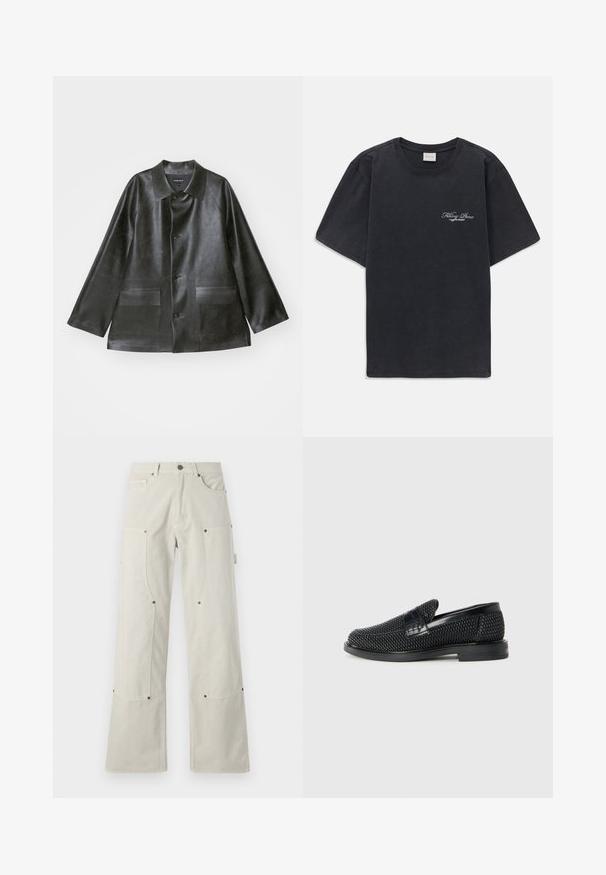 Emporio Armani CABAN - Bunda z umělé kůže - lavagna; Černé tričko s krátkým rukávem a kulatým výstřihem s malým bílým logem "Filling Pieces" na levé hrudi.; Široké kalhoty světle béžové barvy vyrobené z bavlny s hladkým povrchem, které mají náprsní kapsy a kovové detaily.; Černé pletené nazouvací boty s hladkým koženým akcentem na svršku, kulatou špičkou a nízkoprofilovou gumovou podrážkou.