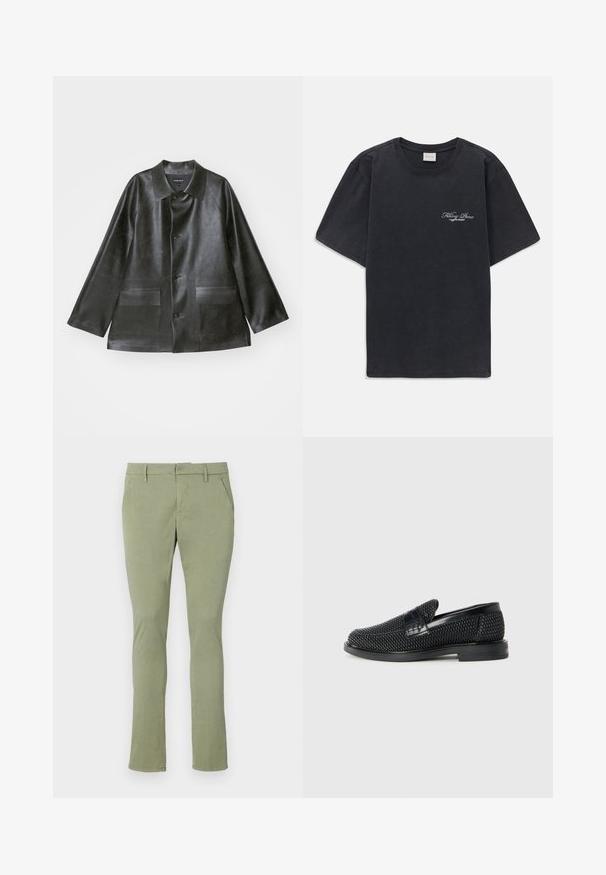 Emporio Armani CABAN - Kunstnahast jakk - lavagna; Must have lühikesed varrukad ümmarguse kaelusega must T-särk, millel vasakul rinnal on väike valge "Filling Pieces" teksti logo.; Heled roheline chino-püksid, millel on kitsas lõige ja pehme kangas. Omavad lamedat esiosa, kahte külgtaskut ja klassikalist vööd, ilma dekoratsioonideta.; Must musta kootud slip-on king, millel on pehme nahast accent ülaserval, ümmargune varvas ja madal profiiliga kummitald.