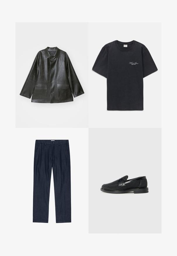 Emporio Armani - Kurtka ze skóry ekologicznej; Czarna koszulka z krótkim rękawem i okrągłym dekoltem z małym białym logo "Filling Pieces" na lewej piersi.; Ciemnoniebieskie, luźne spodnie wykonane z fakturowanej tkaniny, z zapięciem na guzik i bocznymi kieszeniami; prosty krój nogawki z miękkim wykończeniem.; Czarny, pleciony but wsuwany z gładkim skórzanym akcentem na cholewce, o okrągłym nosku i niskoprofilowej gumowej podeszwie.