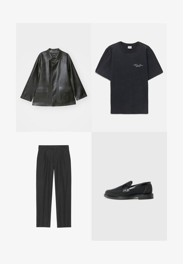 Emporio Armani CABAN - Veste en similicuir - lavagna; T-shirt noir à manches courtes et col rond avec un petit logo « Filling Pieces » en blanc sur la poitrine gauche.; Pantalons plissés noirs en tissu lisse ; dotés d'une taille avec passants de ceinture et d'une coupe droite. Design minimaliste sans motifs.; Chaussure slip-on tissée noire avec un accent en cuir lisse sur le dessus, un design à bout rond et une semelle en caoutchouc à profil bas.