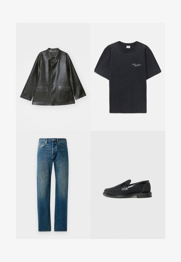 Emporio Armani CABAN - Dirbtinės odos striukė - lavagna; Juodas trumpomis rankovėmis, apvaliu kaklu marškinėliai su mažu baltu "Filling Pieces" tekstiniu logotipu kairiajame krūtinės kampe.; Mėlyni džinsai su tiesiomis kojomis, turintys penkių kišenių stilių, švelnų išblukimą ir kontrastingas siuvimo detales.; Juodas pintas slip-on tipo batelis su lygiu odiniu akcentu viršuje, apvalios nosies dizainas ir žemas guminis padas.