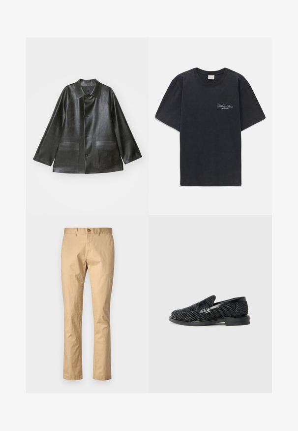 Emporio Armani CABAN - Mākslīgās ādas jaka - lavagna; Melna īsās piedurknes T-kreklā ar mazu balto "Filling Pieces" tekstu logotipu uz kreisā krūšu.; Beige kokvilnas bikses ar taisnu griezumu, ar priekšējo pogu aizdari un jostu cilpiņām. Gluda tekstūra ar minimāliem akcentiem.; Melnas austas slaidu kurpes ar gludu ādas akcentu augšpusē, apaļas formas purngalu un zemas profila gumijas zoli.