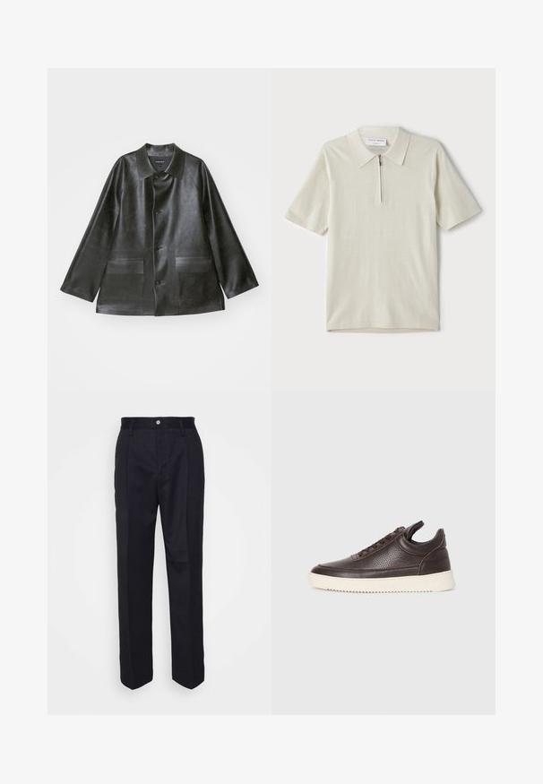 Emporio Armani CABAN - Faux leather jacket - lavagna; Short-sleeve polo shirt in light beige with a zippered collar. Made of smooth fabric, features a simple, modern design without patterns.; Black tailored trousers with a straight-leg design, made of smooth fabric, featuring a front button closure and two side pockets.; Dark brown textured leather sneaker with lace-up front and white ridged rubber sole on a plain light background.