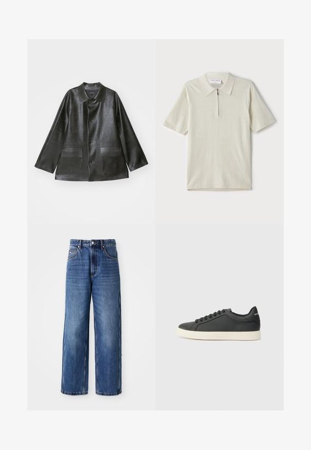 Emporio Armani CABAN - Dirbtinės odos striukė - lavagna; Šviesiai bežinis trumpomis rankovėmis polo marškinėliai su užtrauktuku ant apykaklės. Pagaminti iš lygaus audinio, pasižymi paprastu, moderniu dizainu be raštų.; Mėlyni džinsiniai plačios kojos džinsai su aukšta juosmens linija, matoma siuvimo linija, užsegami priekyje mygtuku, laisvo kirpimo, su išblukusiu tonavimu ir šoninėmis kišenėmis.; Juodos odinės sportinės bateliai su žemu profiliu, apvaliu pirštu ir raištelių uždarymu; turi tekstūruotą guminį padą ir logotipo detalę ant kulno.