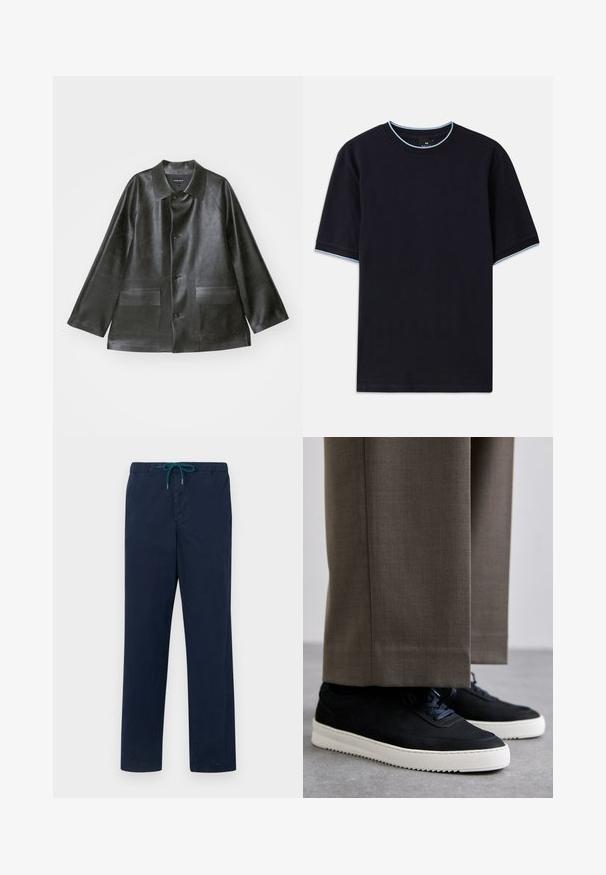 Emporio Armani CABAN - Jachetă din imitație de piele - lavagna; Tricou scurt cu mânecă scurtă de culoare albastru închis, cu un guler rotund, având accente de culoare albastru deschis la guler și la mâneci. Fabricat dintr-un material moale din bumbac.; Pantaloni navy blue cu talie elastică și șnur teal, având un design cu picior drept și o textură netedă.; Tenisi din suede negru cu talpă din cauciuc alb, având vârf rotunjit și șireturi, purtați cu pantaloni gri ajustați.