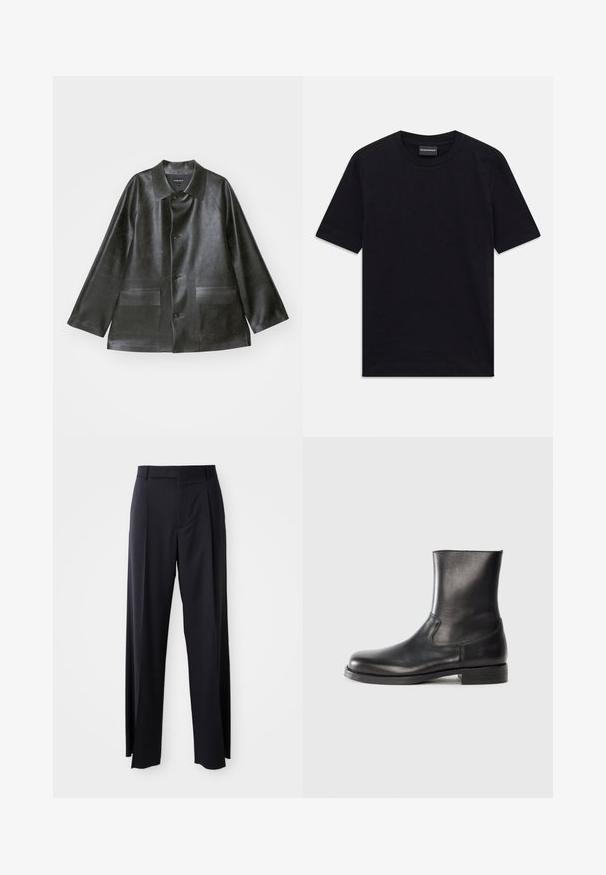 Emporio Armani CABAN - Műbőr dzseki - lavagna; Fekete, rövid ujjú, kereknyakú póló finom, dombornyomott mintával és márkacímkével a gallér belső oldalán, fehér háttérre lefektetve.; Fekete, magasan ültetett nadrág, széles szárai vannak, sima anyagból készült. Elülső redők és övhurkok jellemzik. Minimalista dizájn, látható fémalkatrészek nélkül.; Fekete bőr bokacsizma sima felülettel, kerek orral, elasztikus oldalsó panelek mellett és alacsony, texturált gumitalppal.