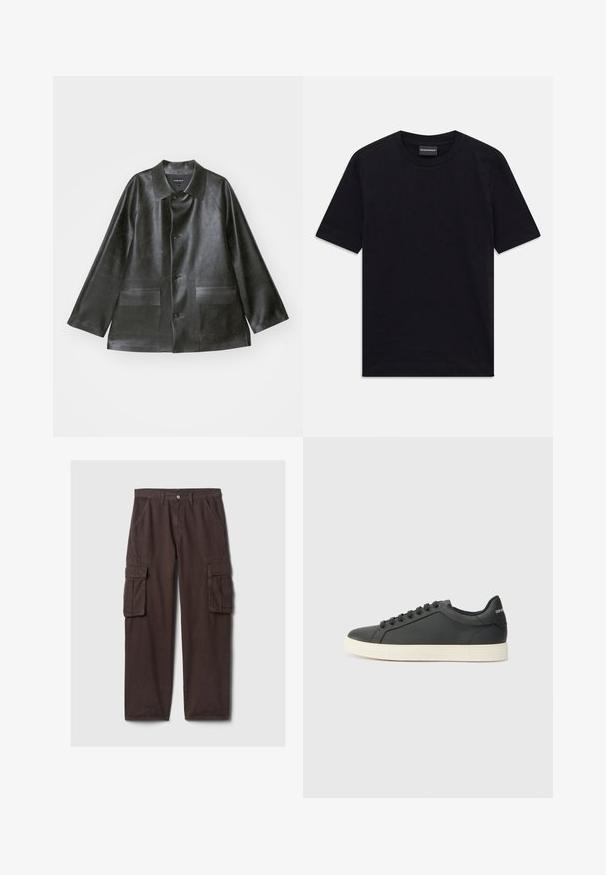 Emporio Armani CABAN - Mākslīgās ādas jaka - lavagna; Melnā T-kreklā ar īsām piedurknēm, apaļo kakla izgriezumu, ar smalku reljefu rakstu un zīmola etiķeti iekšpusē kaklā, novietots uz baltas virsmas.; Brūni kravas bikses, izgatavotas no izturīgas kokvilnas. Satur vairākus praktiskos kabatas, jostas cilpas un taisnas kājas griezumu. Gluda tekstūra, klasiskā dizaina.; Melna ādas kedas ar zemu profilu, noapaļotu purngalu un savelkamu aizdari; ar teksturētu gumijas zoli un logotipa detaļu uz papēža.