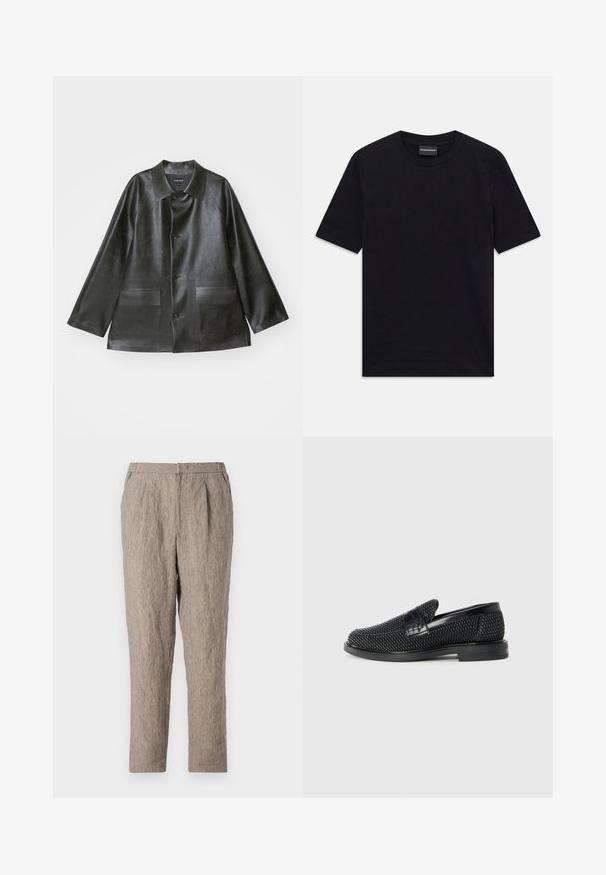 Emporio Armani CABAN - Μπουφάν από συνθετικό δέρμα - lavagna; Μαύρη κοντομάνικη μπλούζα με στρογγυλή λαιμόκοψη και διακριτό ανάγλυφο σχέδιο, με το λογότυπο της μάρκας ραμμένο μέσα στον γιακά, τοποθετημένη επίπεδη πάνω σε λευκό φόντο.; Ανοιχτό καφέ λινές παν trousers με υφή, με κανονική γραμμή, εμπρόσθιες πτυχώσεις και ραμμένη μέση.; Μαύρο πλεκτό παπούτσι slip-on με λείο δερμάτινο στοιχείο στο άνω μέρος, στρογγυλή μύτη και χαμηλό καουτσούκ πάτο.