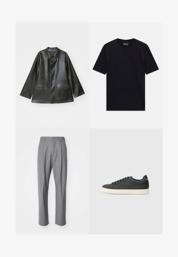 Emporio Armani CABAN - Jachetă din imitație de piele - lavagna; Tricou negru cu mânecă scurtă, de tip crew neck, cu un model embosat subtil și eticheta brandului în interiorul gulerului, așezat plat pe un fundal alb.; NN.07 KAY - Pantaloni - grey; Sneaker din piele neagră cu profil joasă, vârf rotunjit și închidere cu șireturi; caracteristici o talpă din cauciuc texturat și detaliu cu logo pe toc.