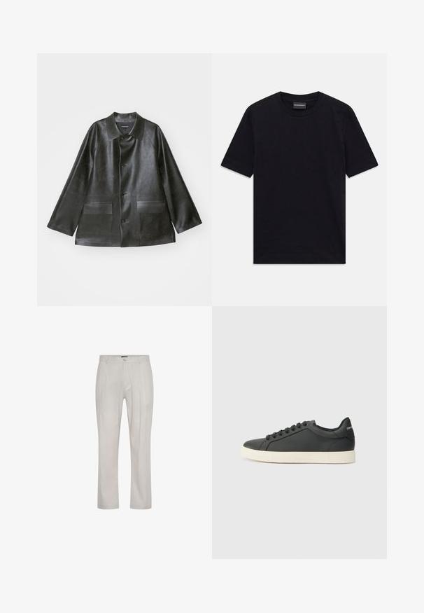 Emporio Armani CABAN - Jacka i konstläder - lavagna; Svart kortärmad T-shirt med rund halsringning och subtil präglad mönster samt varumärkesetikett inuti kragen, liggande platt på vit bakgrund.; Ljusbeige byxor gjorda av ett mjukt, slätt tyg. Har rak skärning, veck fram och en enda knappstängning i midjan.; Svart lädersneaker med låg profil, rund tå och snörning; har en texturerad gummisula och logotypdetalj på hälen.