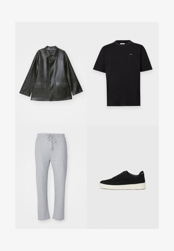 Emporio Armani CABAN - Dirbtinės odos striukė - lavagna; Juoda trumpų rankovių marškinėliai su apvaliu iškirpimu ir mažu baltu "NN. 07" logotipu kairiajame krūtinės pusėje, rodomi ant balto fono.; Pilkos sportinės kelnės, pagamintos iš minkštos džersio medžiagos, su raištelių juosmeniu ir tiesiomis kojomis, be papildomų raštų ar akcentų.; Juodos veliūrinės sportinės bateliai su raištelių dizainu ir kontrastinga balta gumine padais. Yra tekstūruoti šoniniai skydeliai ir subtilus logotipas ant kulno.