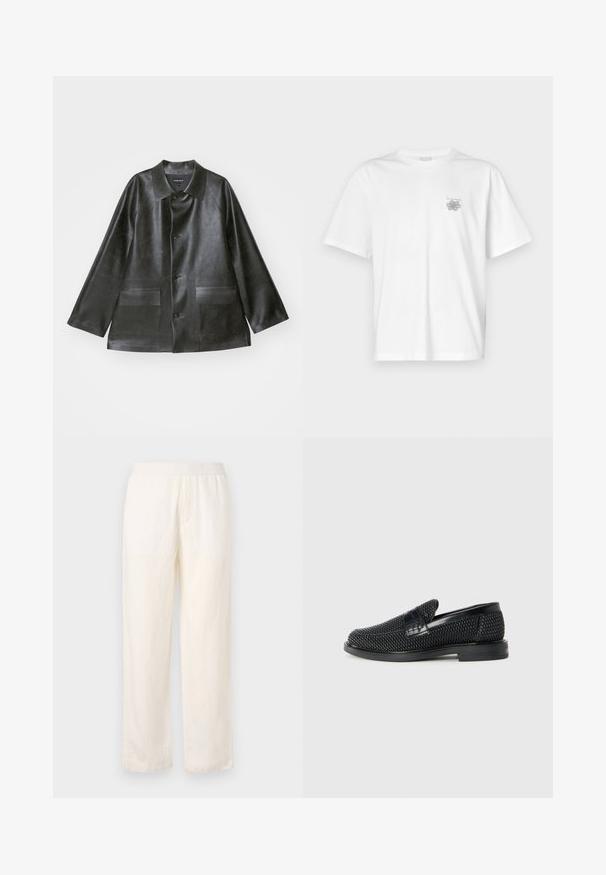 Emporio Armani CABAN - Mākslīgās ādas jaka - lavagna; Baltas kokvilnas T-krekls ar īsām piedurknēm, apaļu dekoltē un mazu pelēku logo kreisajā krūšu daļā. Gluda tekstūra.; Gaišas krēma krāsas bikses ar elastīgu jostu, taisnas kājas dizainu un smalku faktūru. Citas redzamas kabatas nav.; Melnas austas slaidu kurpes ar gludu ādas akcentu augšpusē, apaļas formas purngalu un zemas profila gumijas zoli.