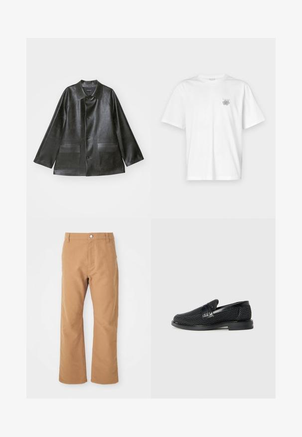 Emporio Armani - Kurtka ze skóry ekologicznej; Biała koszulka z bawełny z krótkimi rękawami, okrągłym dekoltem i małym szarym logo po lewej stronie klatki piersiowej. Gładka tekstura.; Brązowe bawełniane spodnie o prostym kroju, z pojedynczym zapięciem na guzik i subtelnymi przeszyciami dla dodatkowego detalu.; Czarny, pleciony but wsuwany z gładkim skórzanym akcentem na cholewce, o okrągłym nosku i niskoprofilowej gumowej podeszwie.