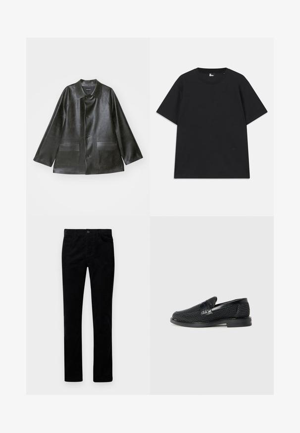 Emporio Armani CABAN - Kunstlederjacke - lavagna; Schwarzes Kurzarm-T-Shirt aus Baumwolle mit rundem Halsausschnitt und einem kleinen Logo-Detail am Saum. Glatte Textur, reguläre Passform.; Schwarze Cordhose mit einem geraden Schnitt, ausgestattet mit Fronttaschen und einem metallenen Knopfverschluss. Weicher Stoff mit vertikalen Rippungen.; Schwarzer geflochtener Slipper mit einem glatten Lederakzent im Obermaterial, einem runden Zehendesign und einer flachen Gummisohle.