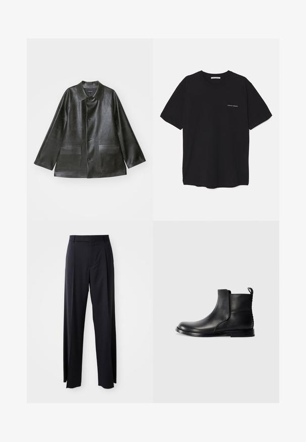 Emporio Armani CABAN - Faux leather jacket - lavagna; Black cotton T-shirt with a crew neck, short sleeves, and a white logo print on the left chest. Simple, solid color design.; Black, high-waisted trousers with a wide-leg cut, made of smooth fabric. Features front pleats and belt loops. Minimalistic design, no visible hardware.; Black leather ankle boot with rounded toe, elastic side panels, and a textured back. Features a flat rubber sole and pull tab.