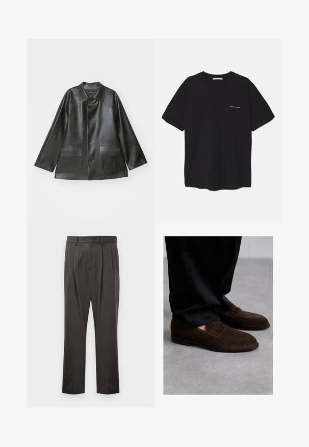 Emporio Armani CABAN - Keinonahkatakki - lavagna; Musta puuvillapaita, jossa on pyöreä kaula-aukko, lyhyet hihat ja valkoinen logopainatus vasemmassa rinnassa. Yksinkertainen, tasavärinen design.; Tummanharmaat housut, jotka on valmistettu teksturoidusta kankaasta. Housuissa on litteä etuosa, laskokset, suorat lahkeet ja vyölenkit. Ei näkyviä metalliosia tai kuvioita.; Bally CHARNEY - Puvunkengät - ebano