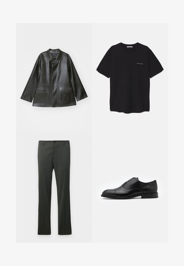 Emporio Armani CABAN - Bunda z nepravej kože - lavagna; Čierne bavlnené tričko s okrúhlym výstrihom, krátkymi rukávmi a bielou potlačou loga na ľavej hrudi. Jednoduchý, jednoliaty dizajn.; Tmavozelené formálne nohavice s pútkami na opasok, predným zapínaním na gombík a rovnými nohavicami.; Čierne kožené šaty s guľatou špičkou, šnurovací dizajn a jemné švy. Obsahuje nízky podpätok a hladkú textúru.